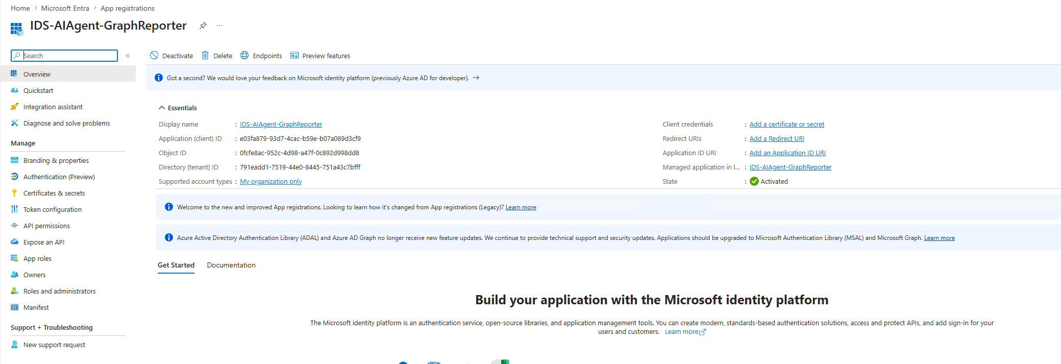 IDS-AIAgent-GraphReporter app registration overview