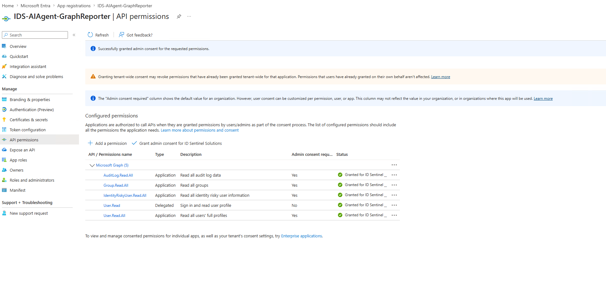 API permissions — four scoped permissions with admin consent granted