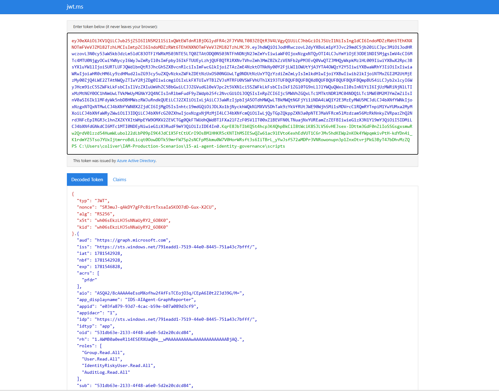 JWT decoded — appid, roles (four permissions only), tid confirmed
