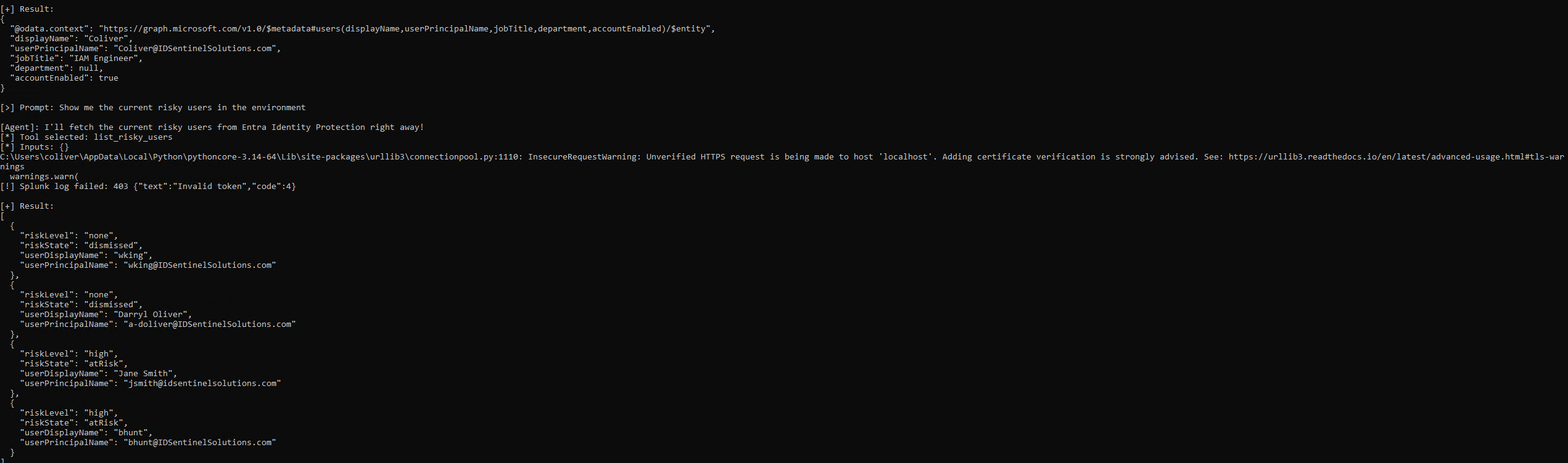Agent Graph API response — governed token, scoped result