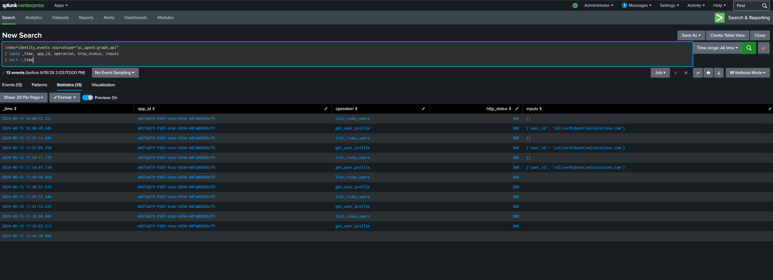 Splunk HEC ingest — agent events confirmed in index