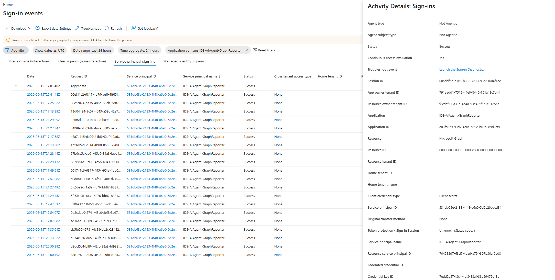 Entra sign-in log — agent service principal token acquisitions with correlated app_id