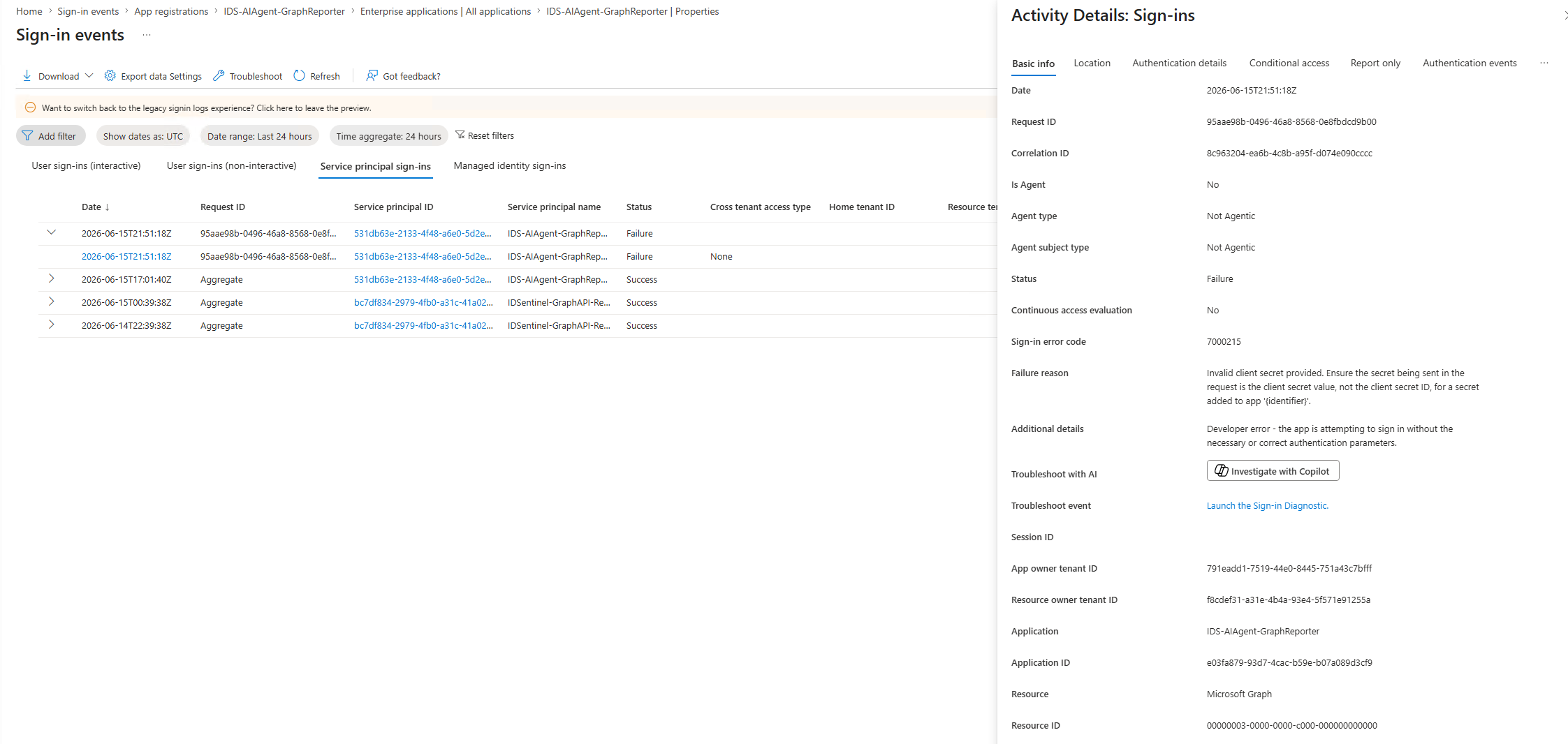 Entra sign-in log — final failed auth event, invalid_client error code